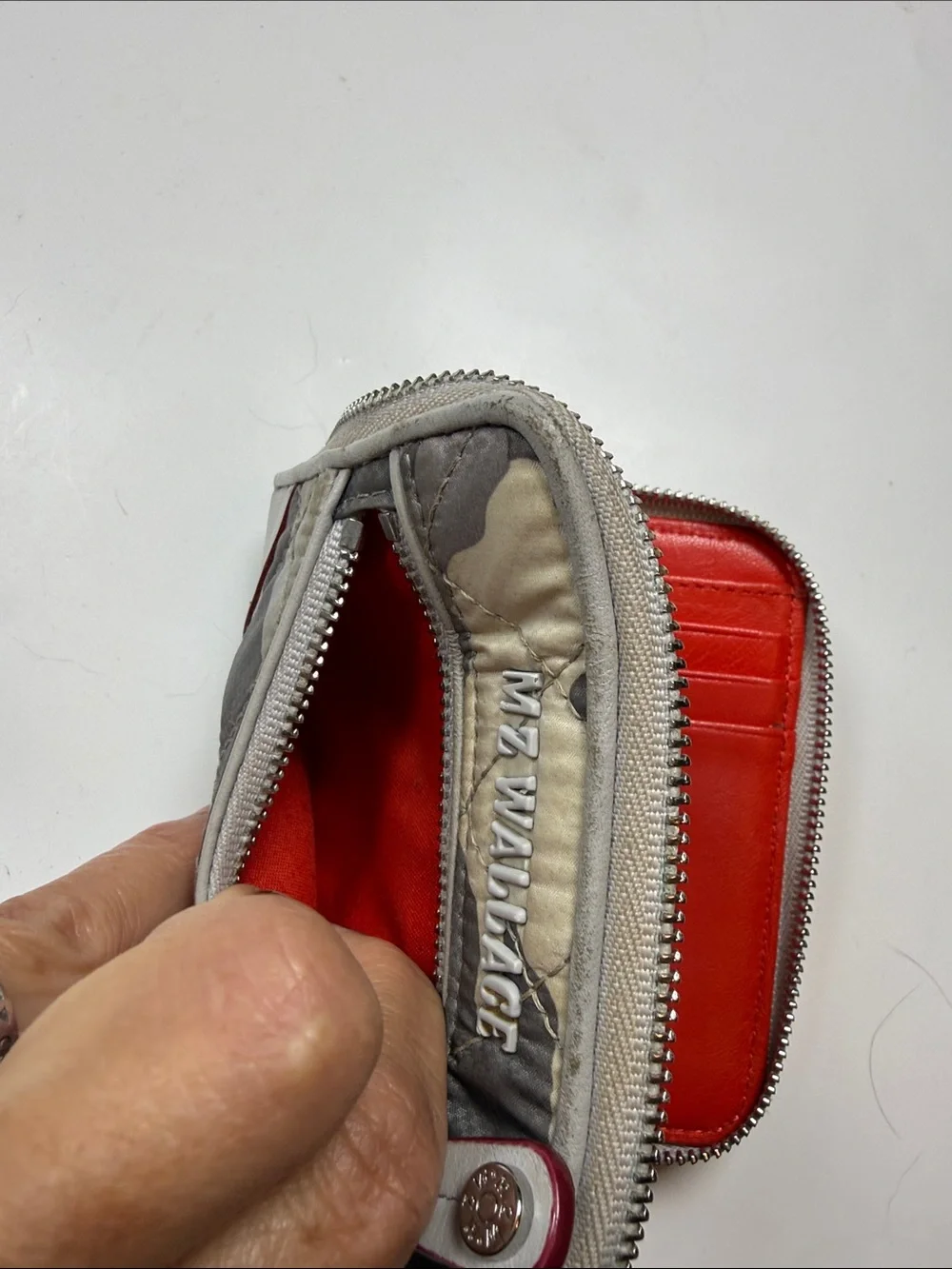 MZ Wallace Quilted Mini Crosby Wallet in Light Gray Camo